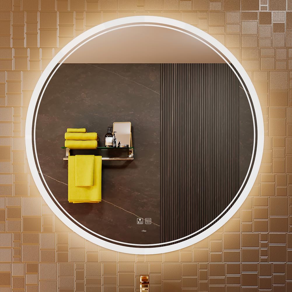 KWW Large Modern LED Round Mirror Bathroom Vanity Mirror, Color Temperature Adjustable, Wal