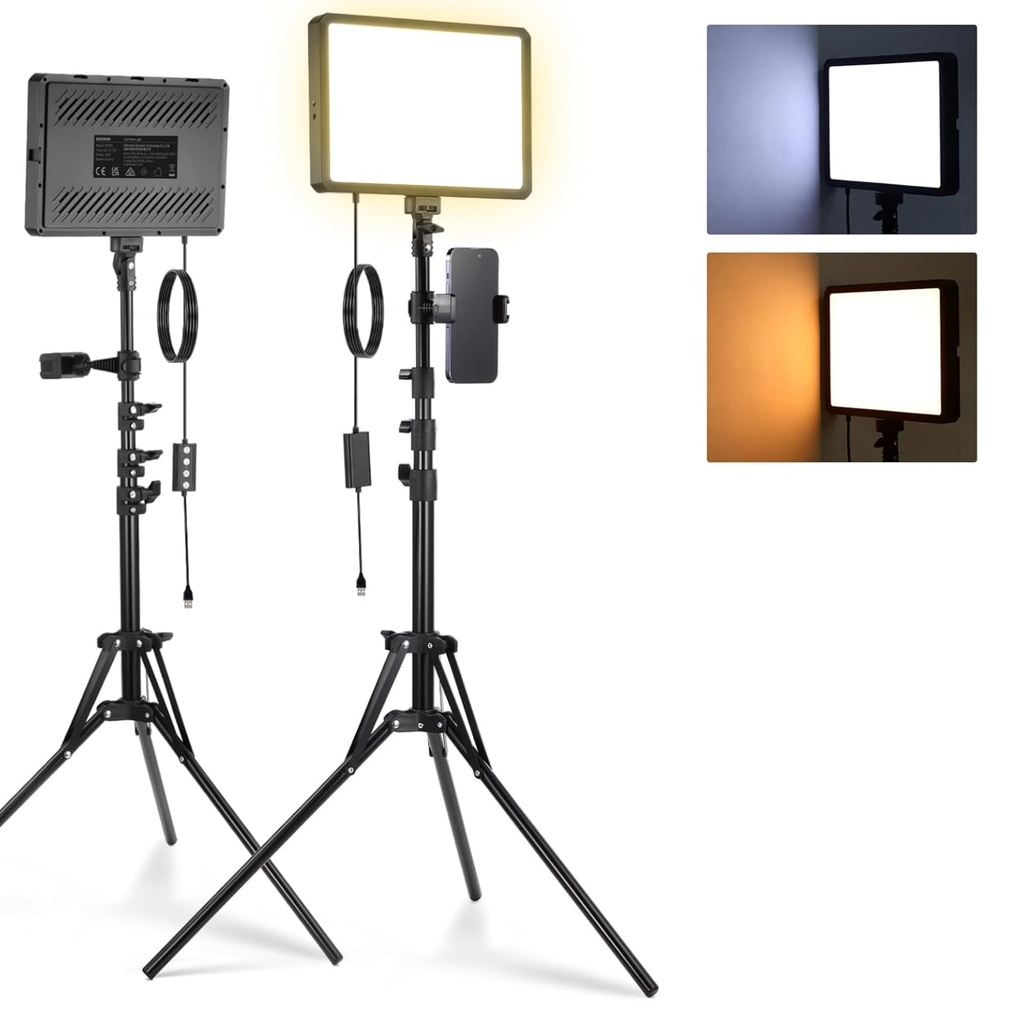 NEEWER Basics 2Pcs LED Video Light Panel with 59'' Tripod Stands/Phone Holders, 2700-6500K