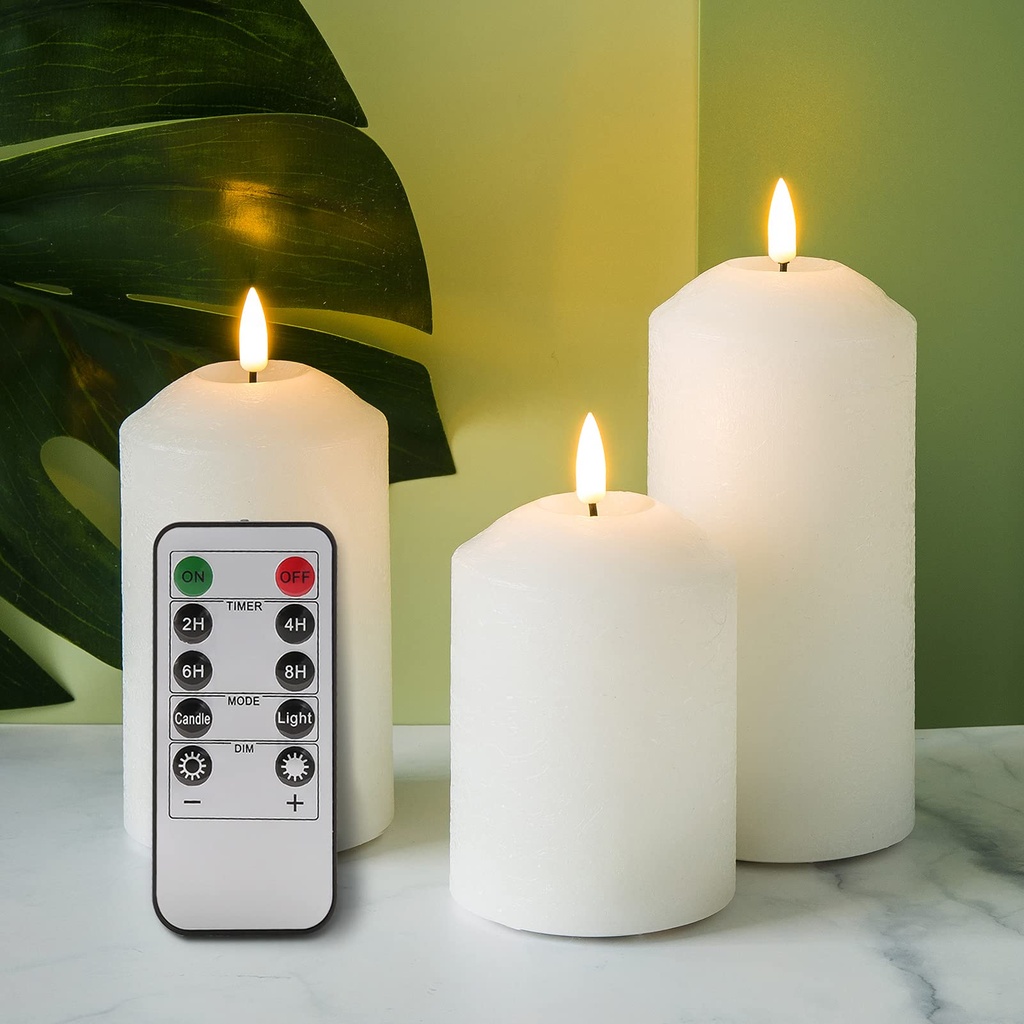 Eywamage White Flameless Pillar Candles with Remote, Flickering Battery Powered LED Wax Cand