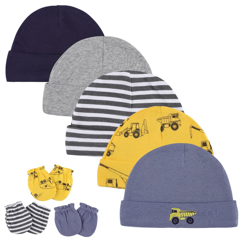 LACOFIA Newborn Baby Beanie Hats and Anti Scratch Mittens Set Infant 100% Cotton Caps and G