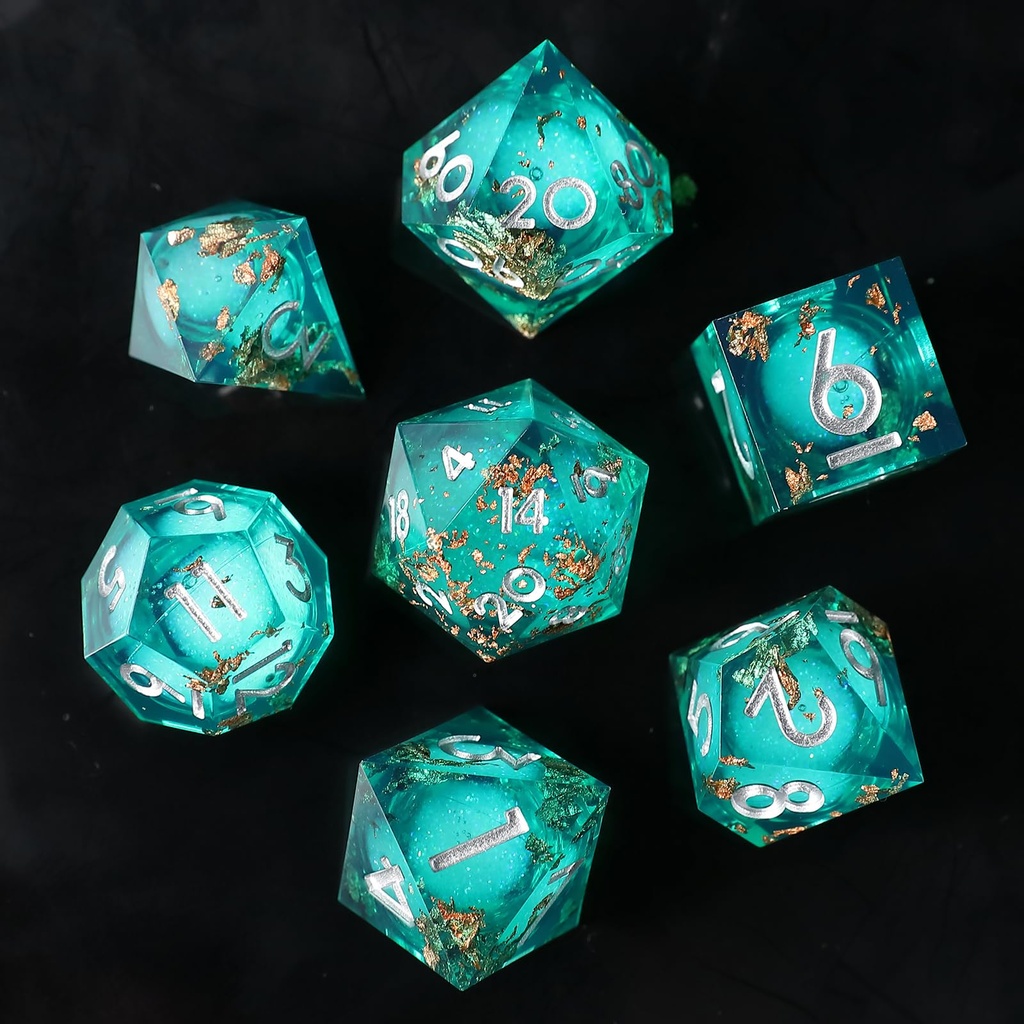 Liquid Core DND Dice Set 7pcs, Resin Sharp Edged Polyhedral Dice for Dungeons and Dragons,