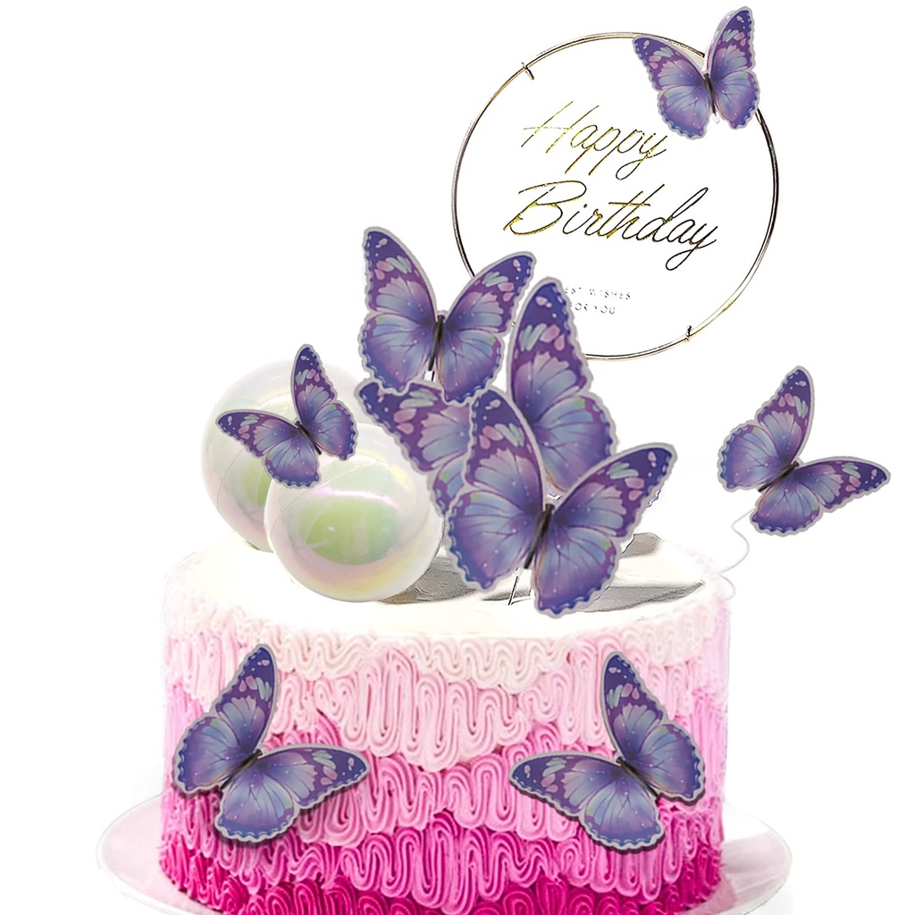 Morofme 13pcs Purple Butterfly Cake Toppers Happy Birthday Cake Topper Butterfly Ball Cake