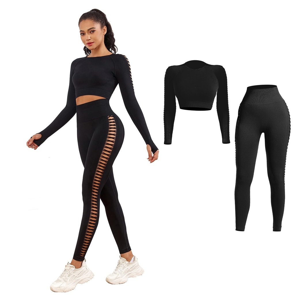 Shgiloo Women's Clothing - 2Pcs Yoga Set Long Sleeve Activewear and High Waist Leggings Wom