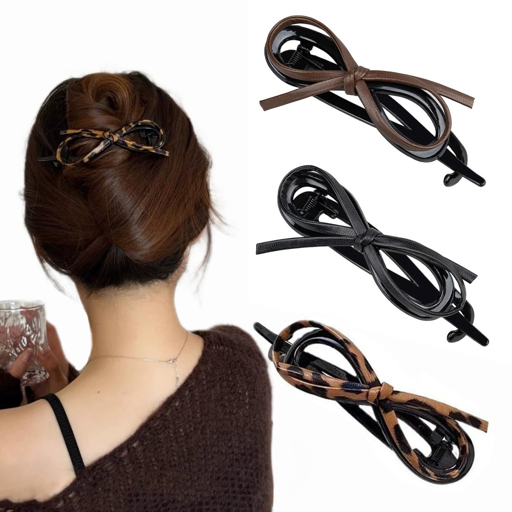 3PCS Bow Hair Clips- Retro Leather Bow Twist Clip Duckbill Clip Ponytail Holder Updo Hairpi