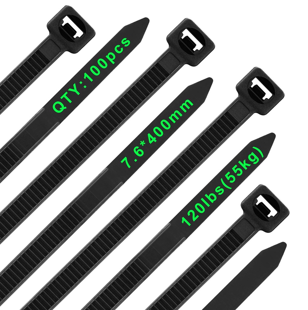 Viuxule 100 Pack Cable Ties Heavy Duty 120lbs, 16in Long Zip Tie Black, 400mm ÃƒÂ— 7.6mm Wi