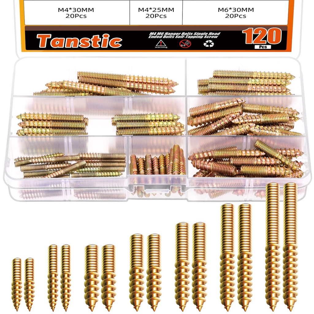 Tanstic 120Pcs M4 M6 Hanger Bolts Double Headed Bolts Self-Tapping Screw Wood Dowel Screw f