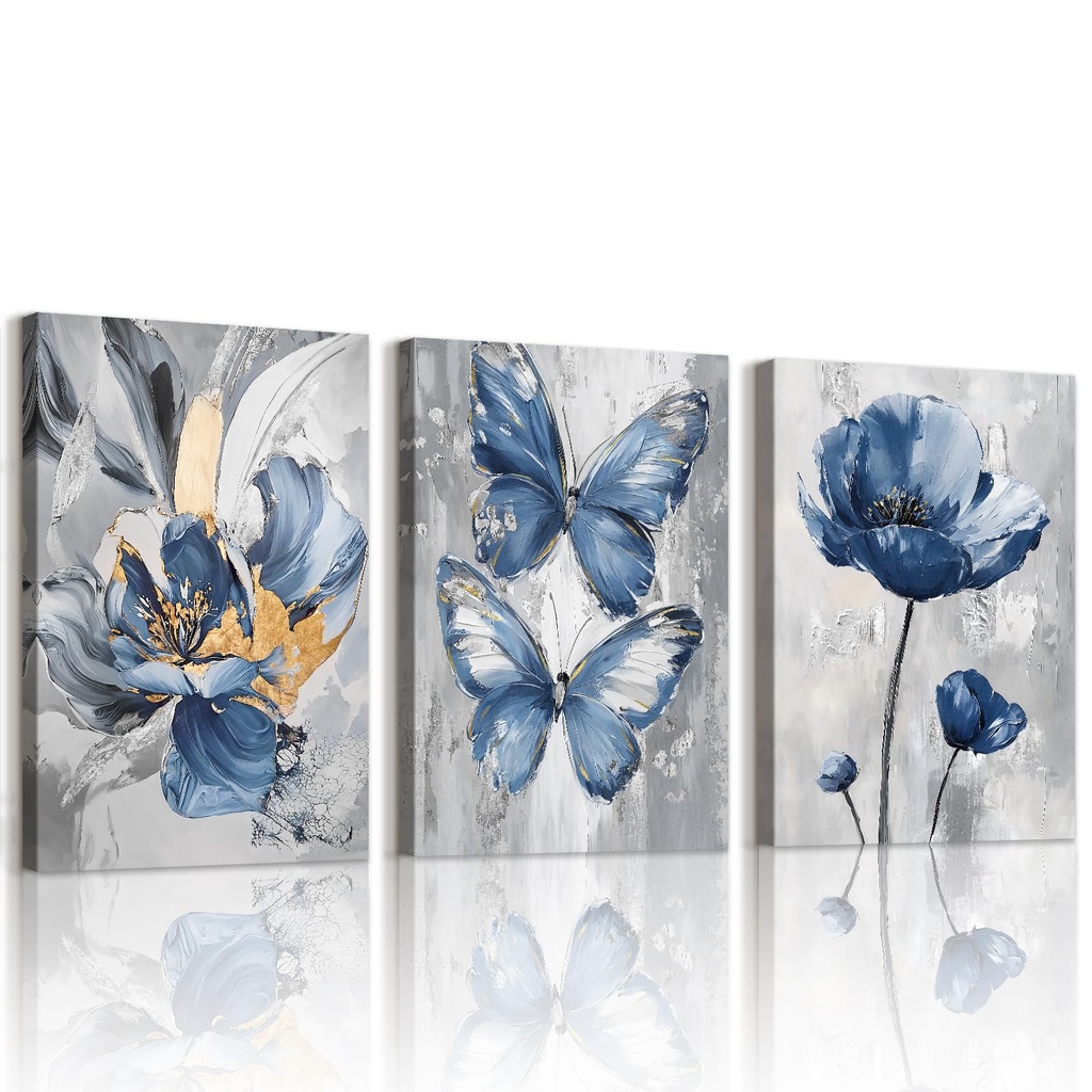 WENGTIAO Set of 3 Blue Butterfly Flowers Canvas Wall Art Prints Framed Pictures Vintage Abst
