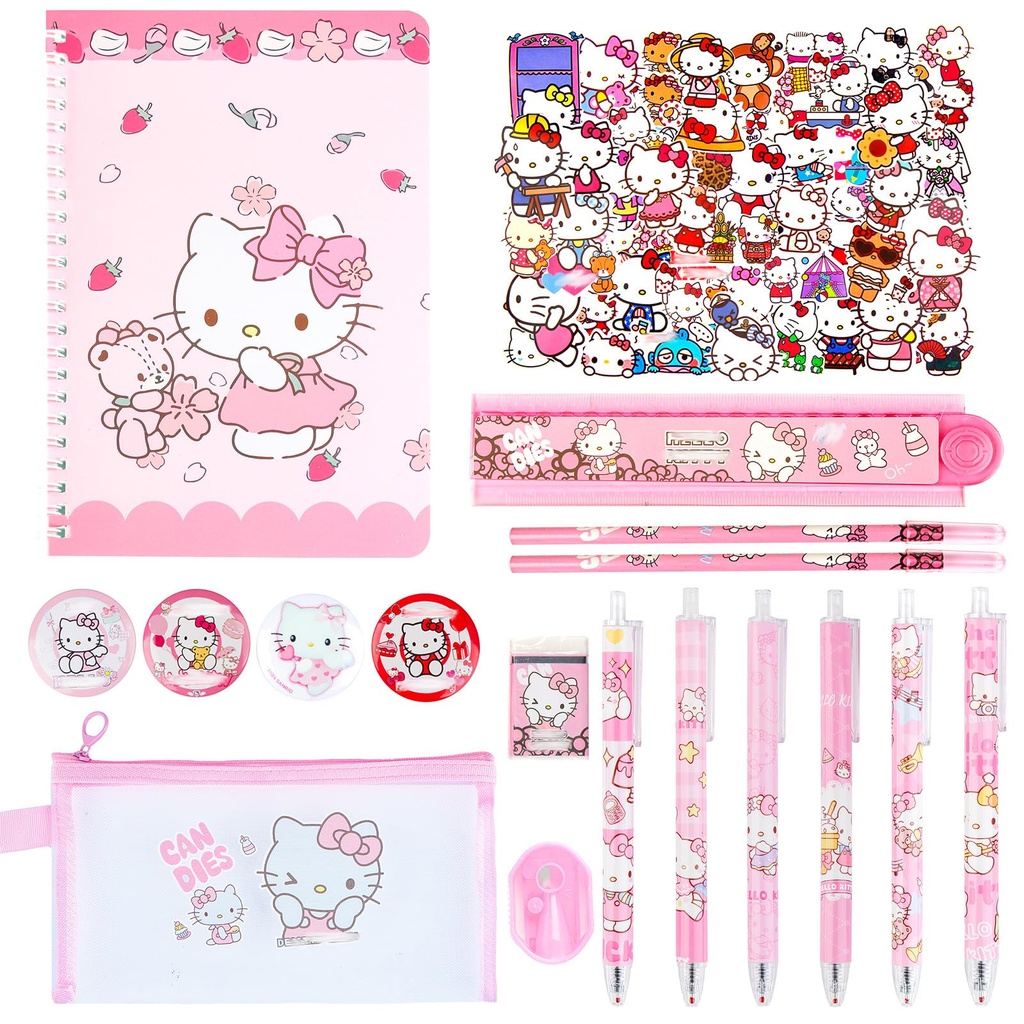 Kity Stationery Set, Kawaii School Supplies with Pens Stickers Pencil Case Notebook Badge,