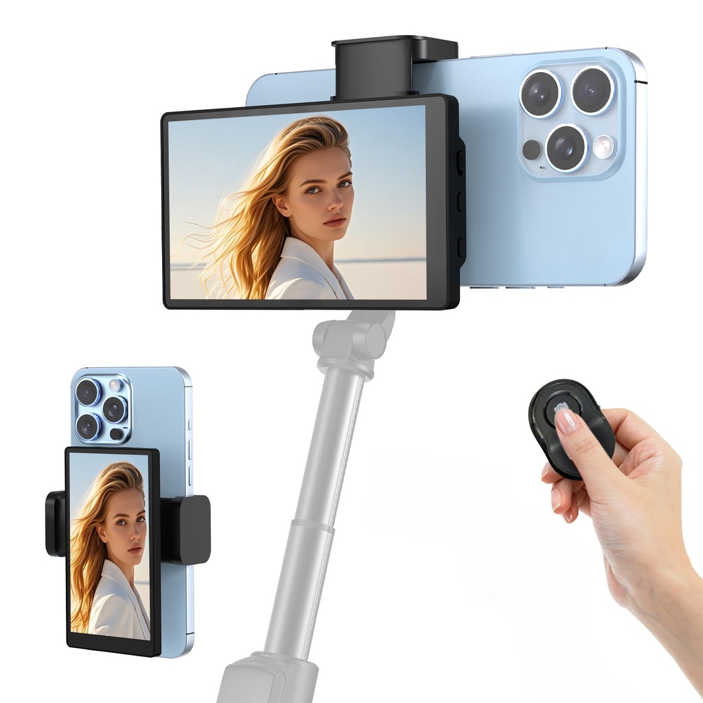 APEKX 5" Selfie Monitor Screen for iPhone Vlog, Magnetic Phone Clip Mount for Rear Camera 