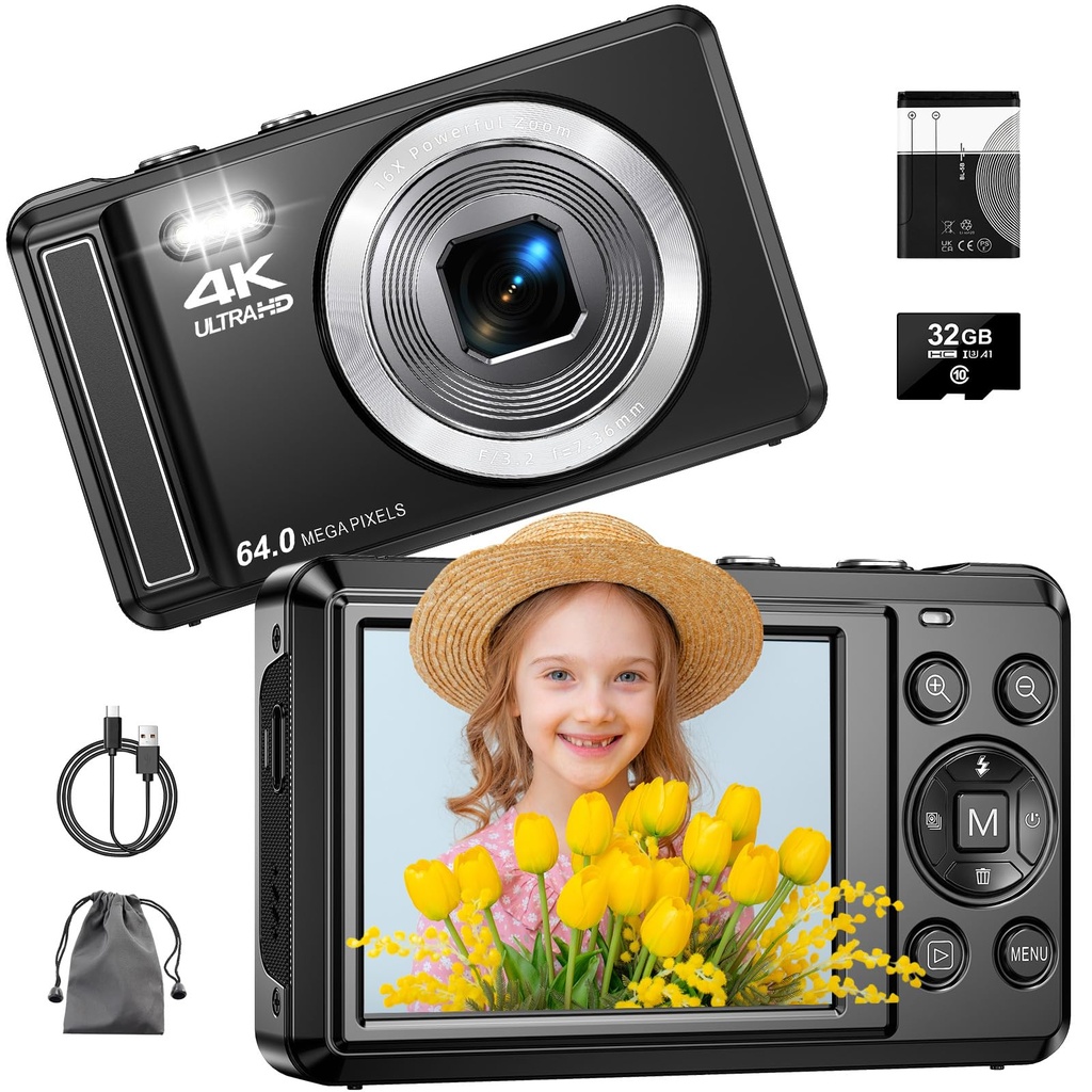 Digital Camera 4K 64 MP UHD Autofocus Camera with 16x Digital Zoom, 2.8'' Compact Digital 
