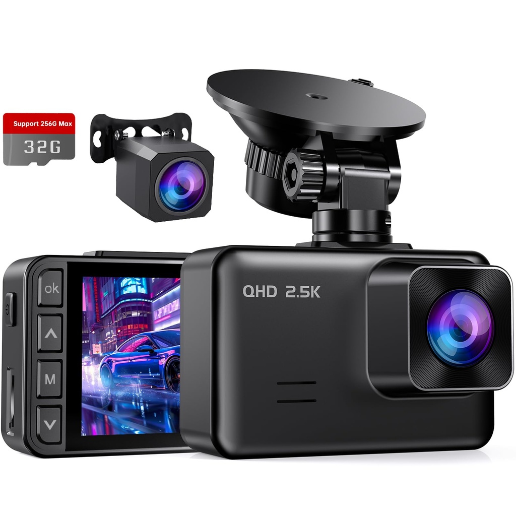 Dash Cam Front and Rear, 2 IPS Display Mini Car Camera, 2.5K+1080P Full HD Dash