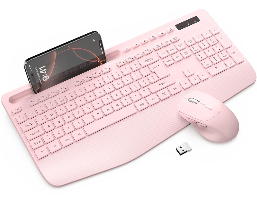 Wireless Keyboard and Mouse Combo, Full-Size Ergonomic Keyboard with Wrist Rest