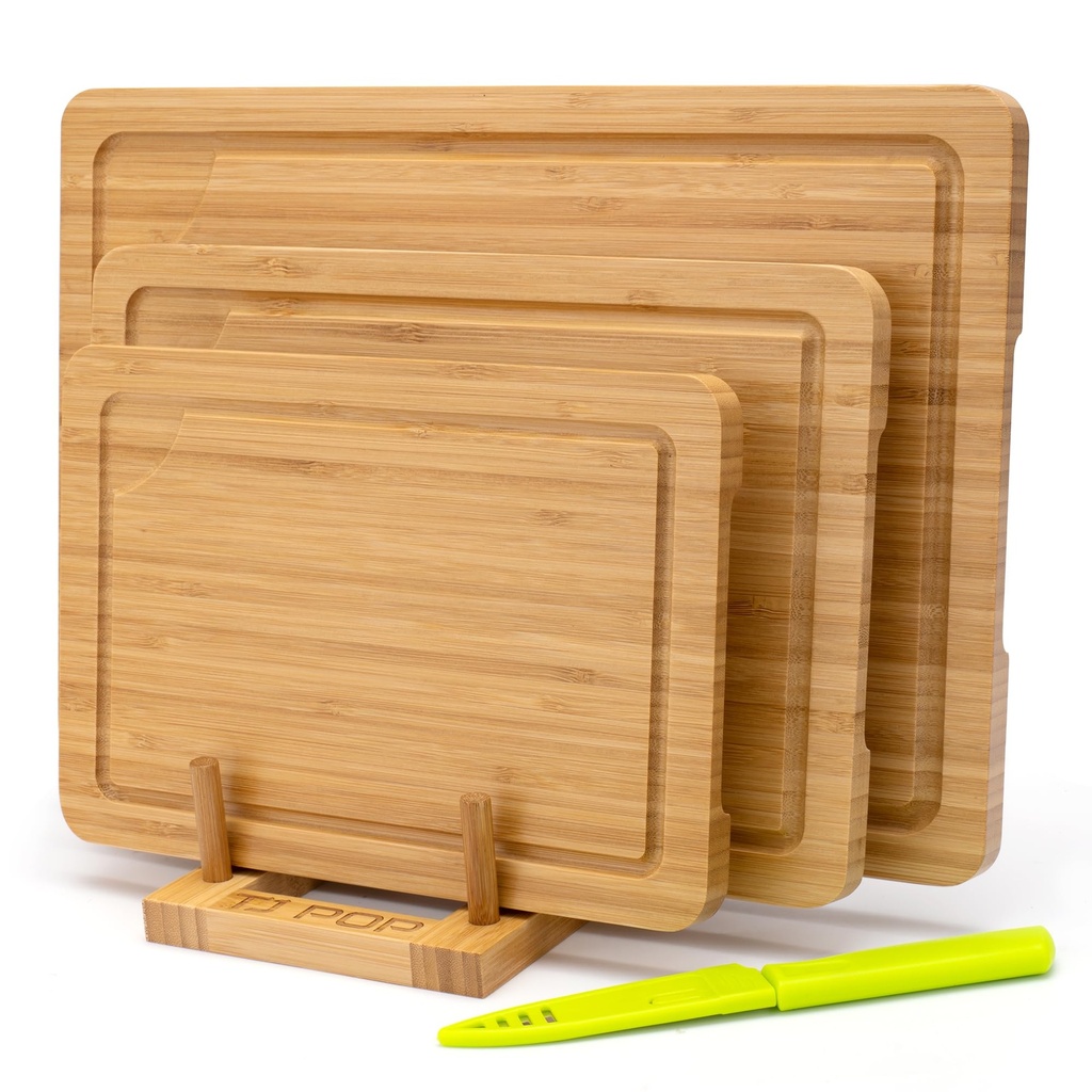 Bamboo Chopping Boards Set of 3 for Kitchen, Double-Sided Bamboo Cutting Boards with Stand