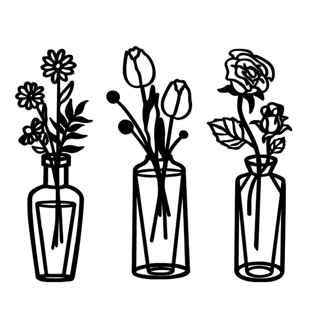aiyraa 3 PCS Black Metal Flower Wall Art, Abstract Self-Adhesive Vase Wall Decor, Black Acr