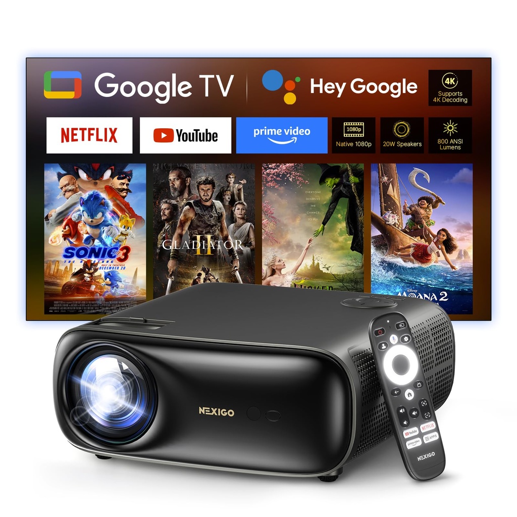 NexiGo PJ40 Pro Google TV Projector, Native 1080p, 4K Support, AI Image Enhancement, 800 