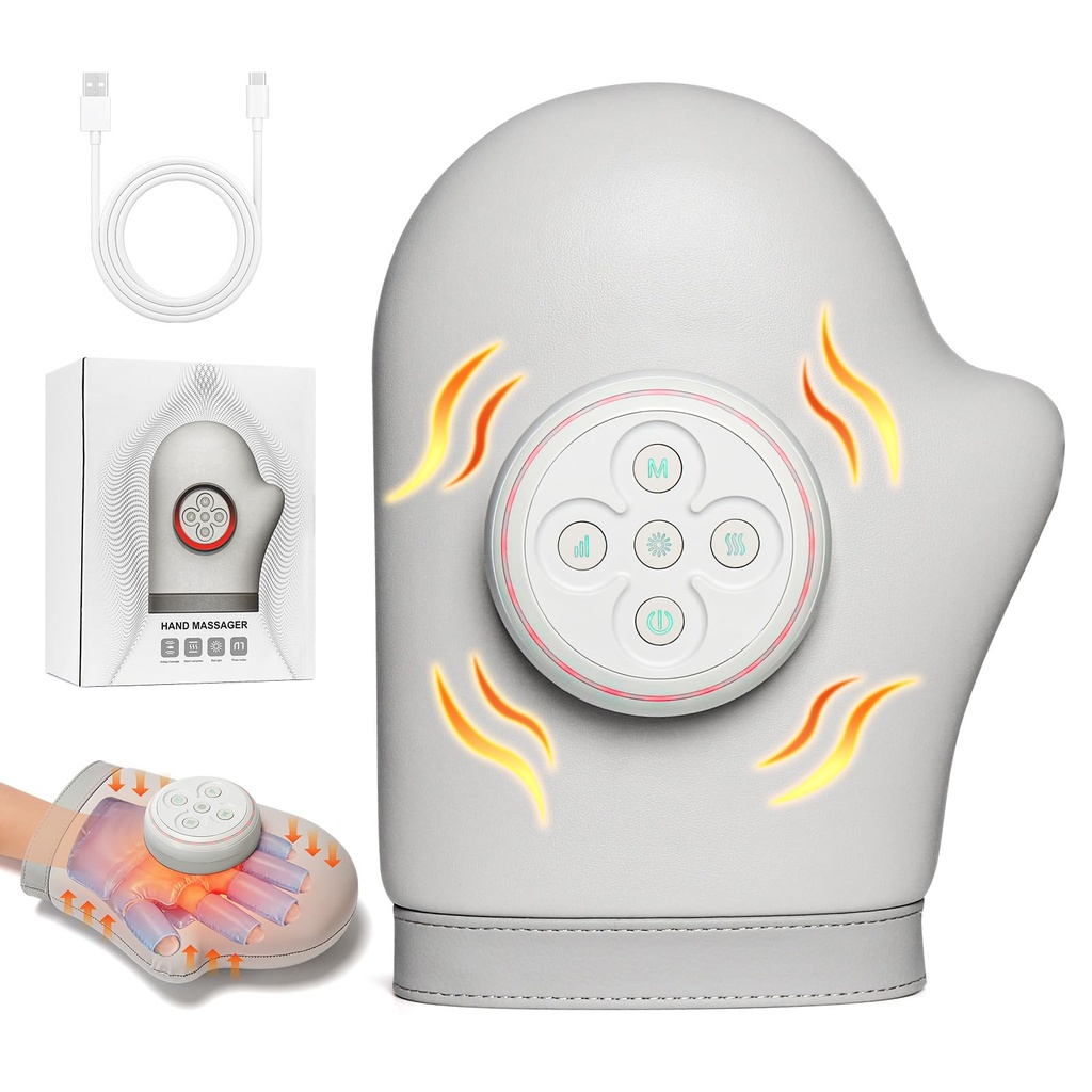Cordless Hand Massager with Heat and Compression, Split Finger, 3 Modes, 5 Intensity Levels