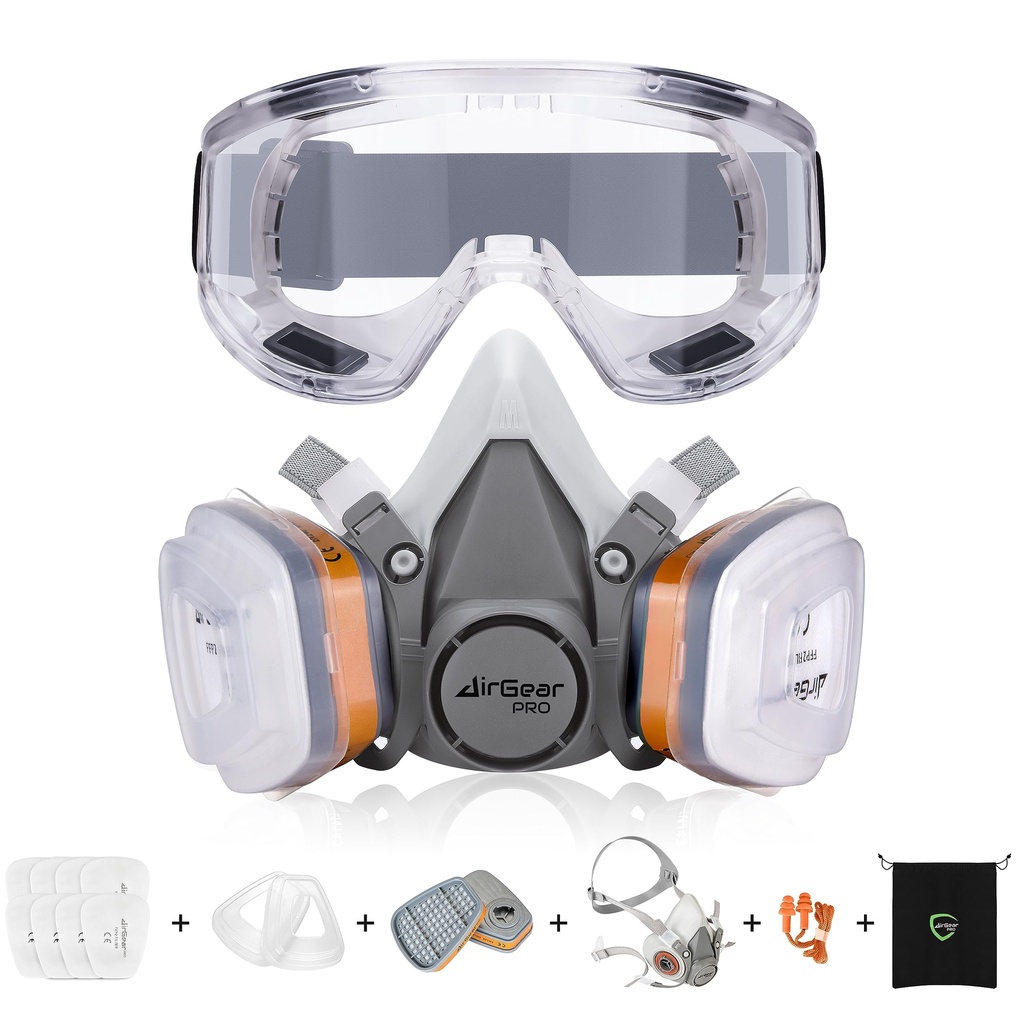 AirGearPro G-500 Reusable Respirator Mask with A1P2 Filters and Safety Goggles | Anti-Dust 