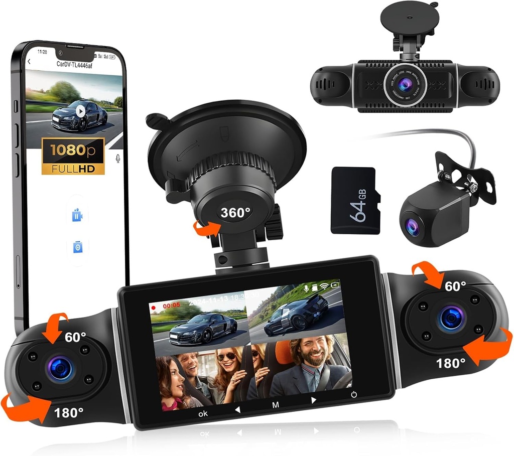 CAMECHO 4 Channel Dash Cam 360° Full Coverage, Front and Rear Dash Camera with 3" IPS 