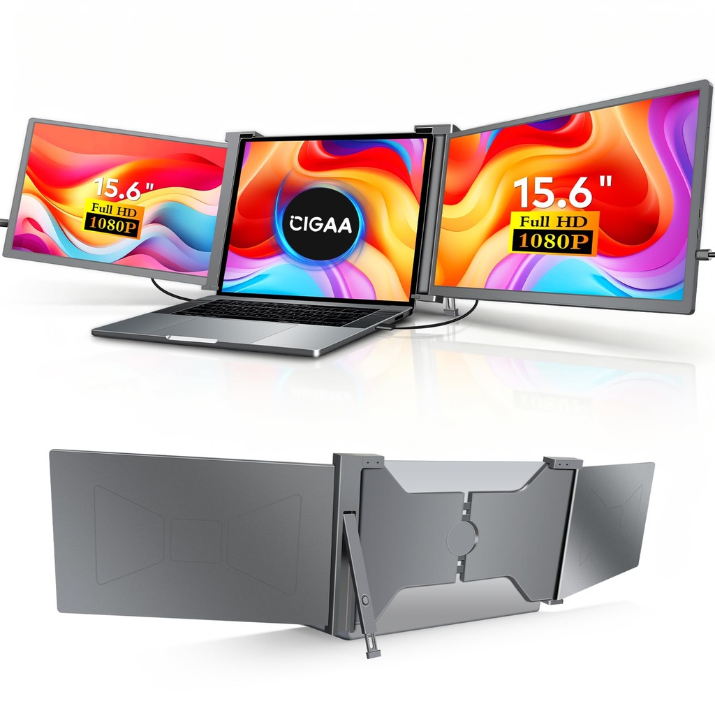 CIGAA Triple Laptop Screen Extender Monitor: 15.6" FHD 1080P Portable Monitor | Plug & Play