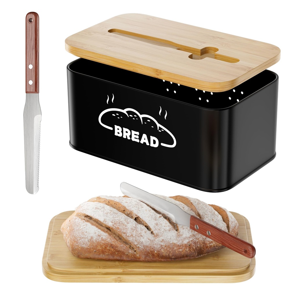 COCASES Bread Bin with Knife for Kitchen 2-IN-1 Steel Bread Box Basket with Wooden Lid Fres