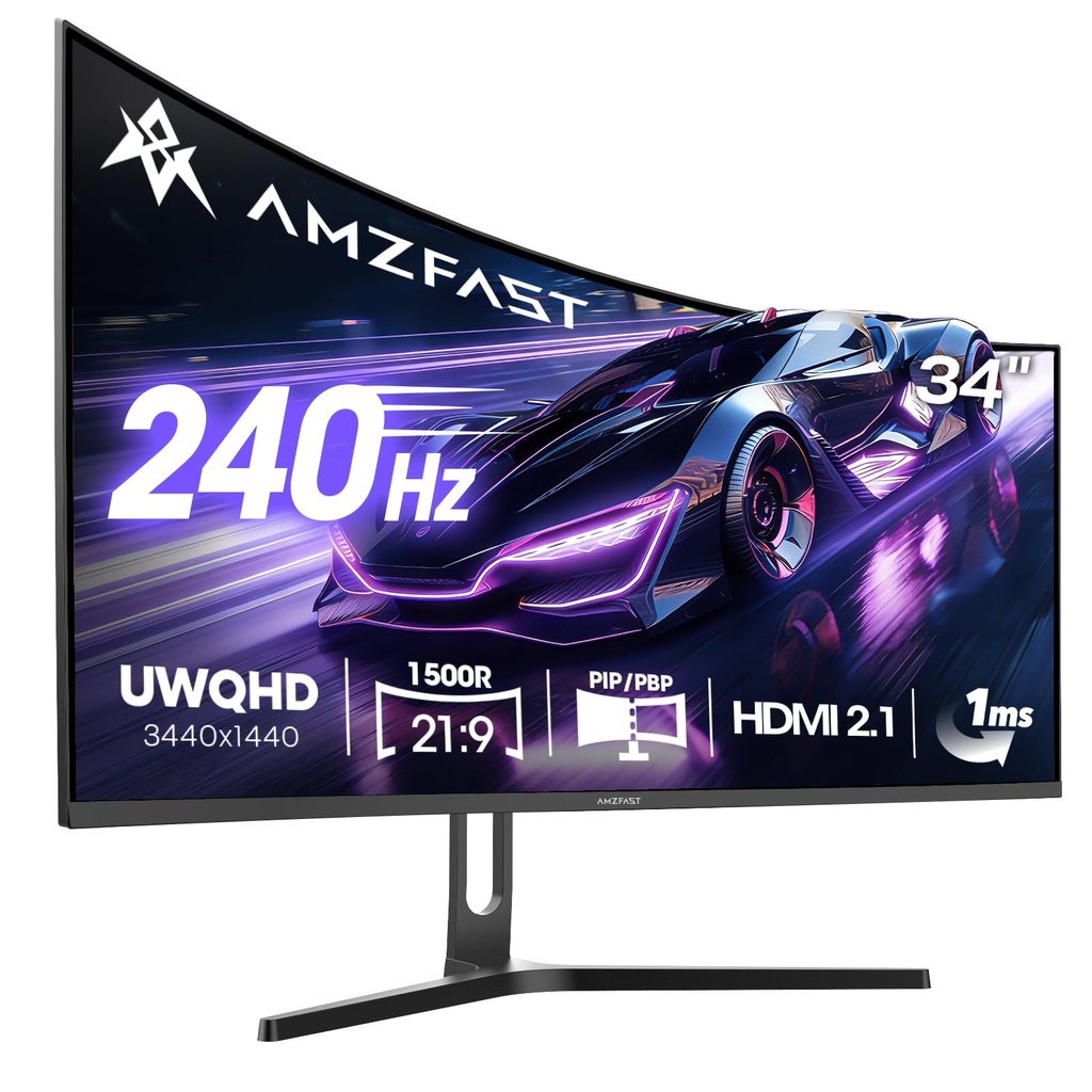 Amzfast 34 Inch Ultrawide Curved Gaming Monitor, 3440x1440 WQHD, 240Hz, 1ms MPRT, 1500R 