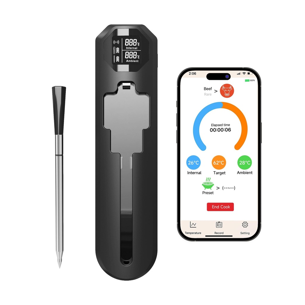 Wireless Meat Thermometer with WiFi/Bluetooth, 250m Remote Range Smart Probe, Dual Sensors