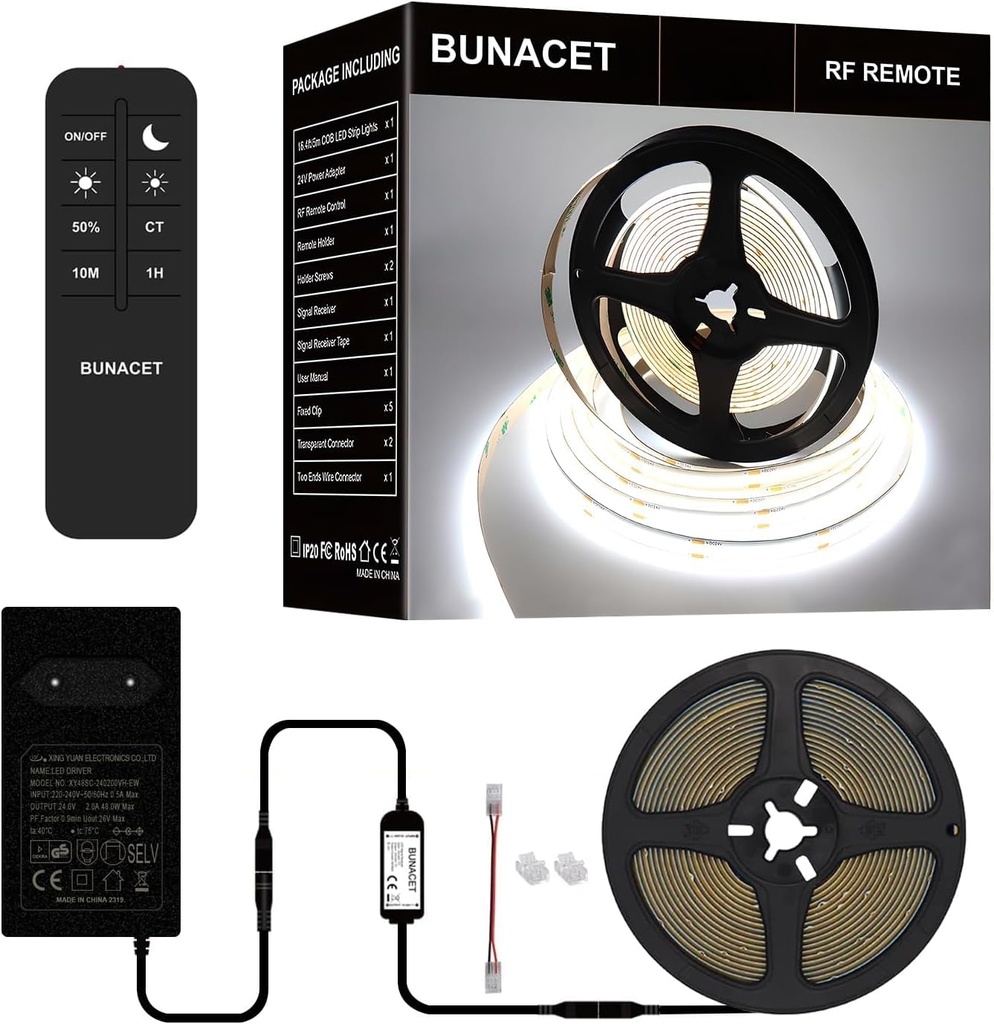 BUNACET COB LED Strip Lights Dimmable 6M 24V, Bright COB Light Strip Kit Natural White 6500K