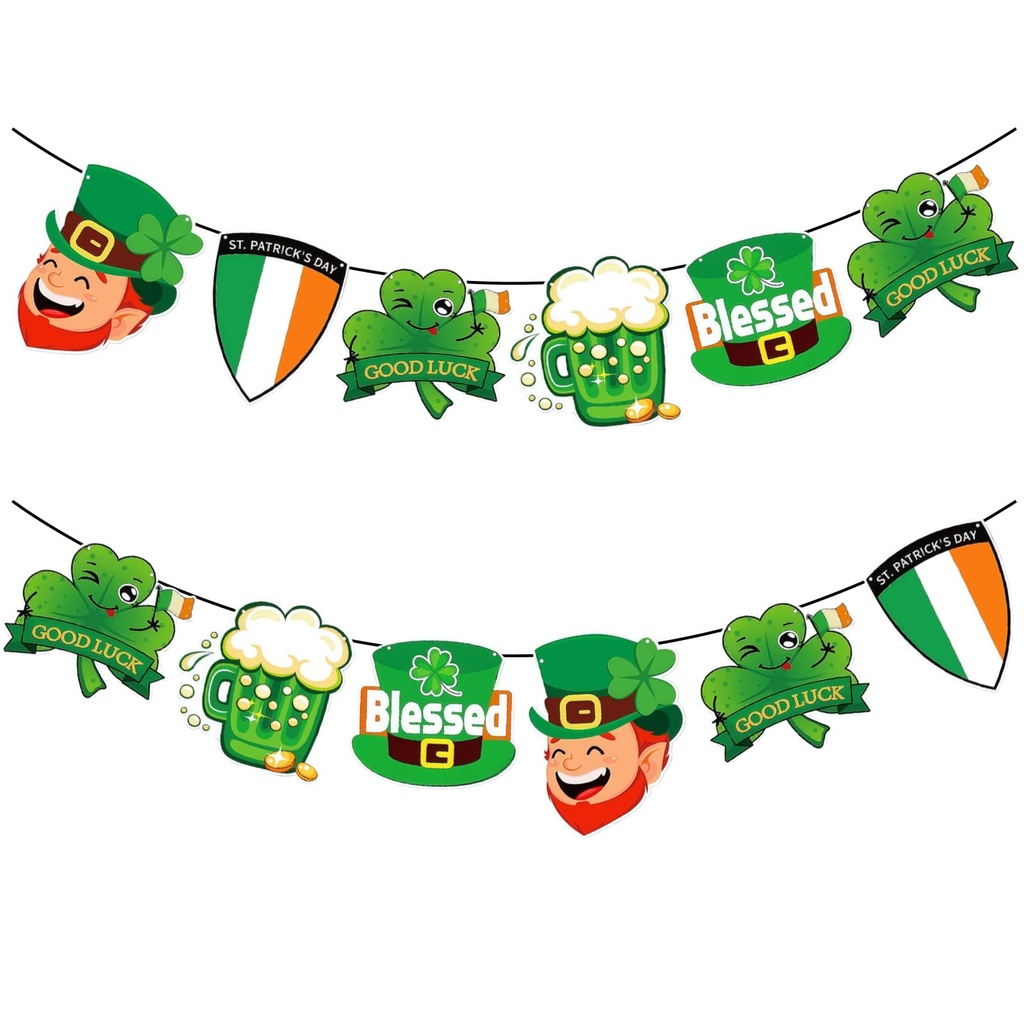 12Pcs St. Patrick's Day Banner Decorations Irish Green Party Banner And Shamrock Garland Su
