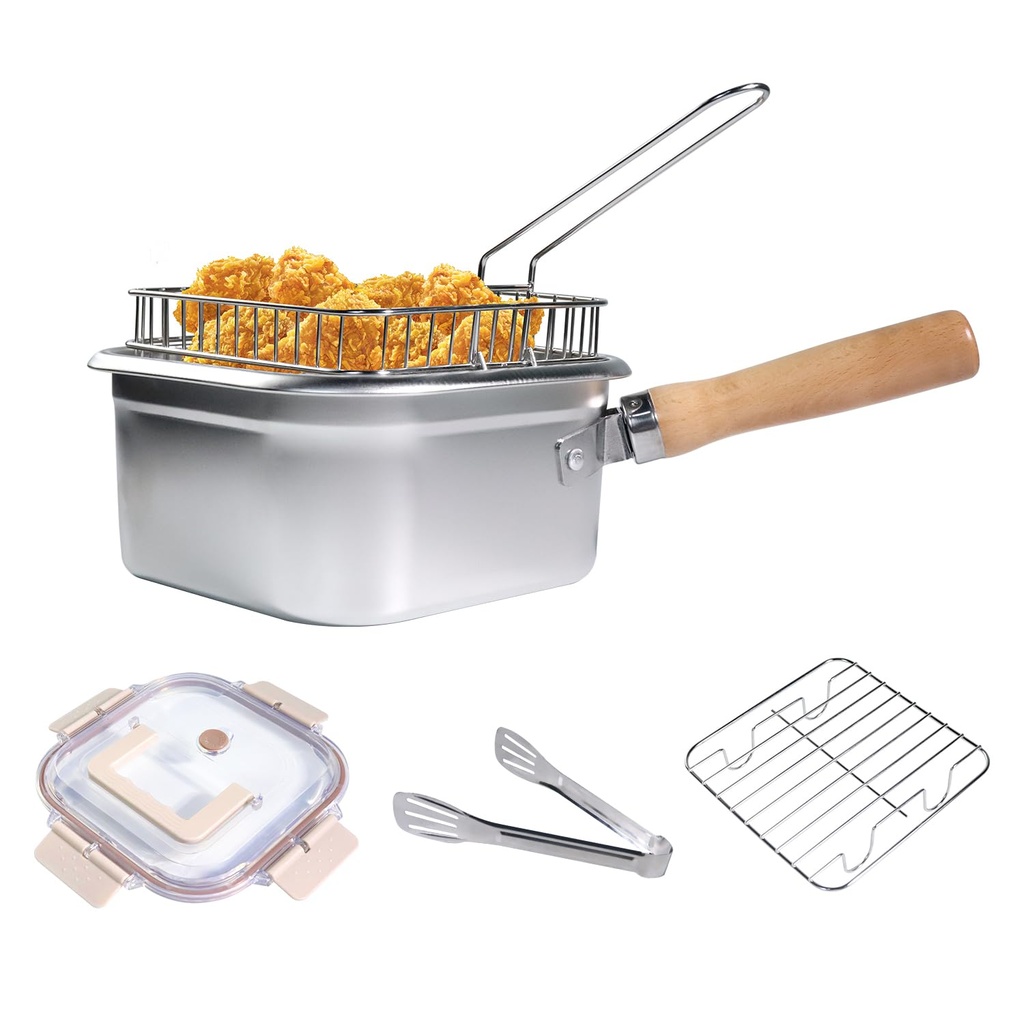 Deep Fat Fryer with Basket, Rack, Clear Lid and Food Tong, Stainless Steel Fryer Pot with Re