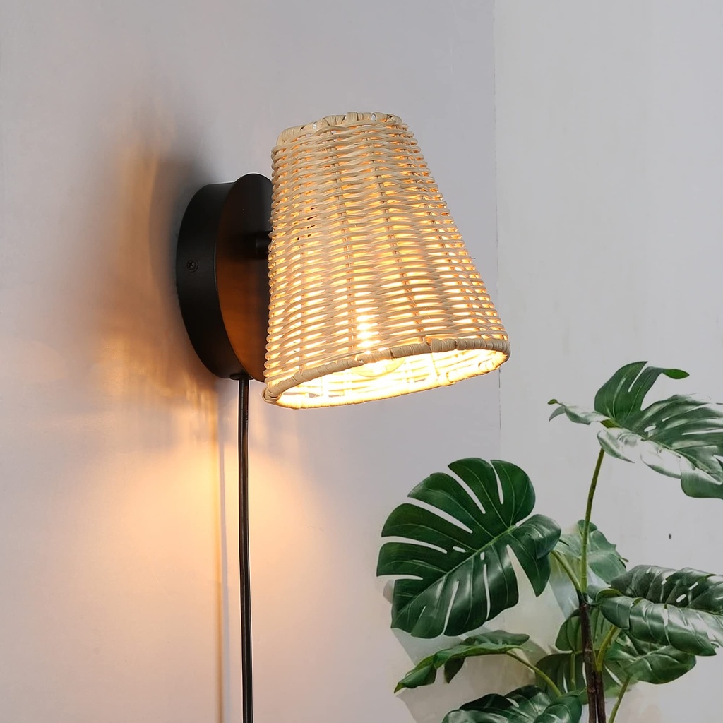 SUNLLOK Hand Woven Bamboo Wall Sconces for Kitchen Island, Plug in Rotate Hanging Wicker Wal