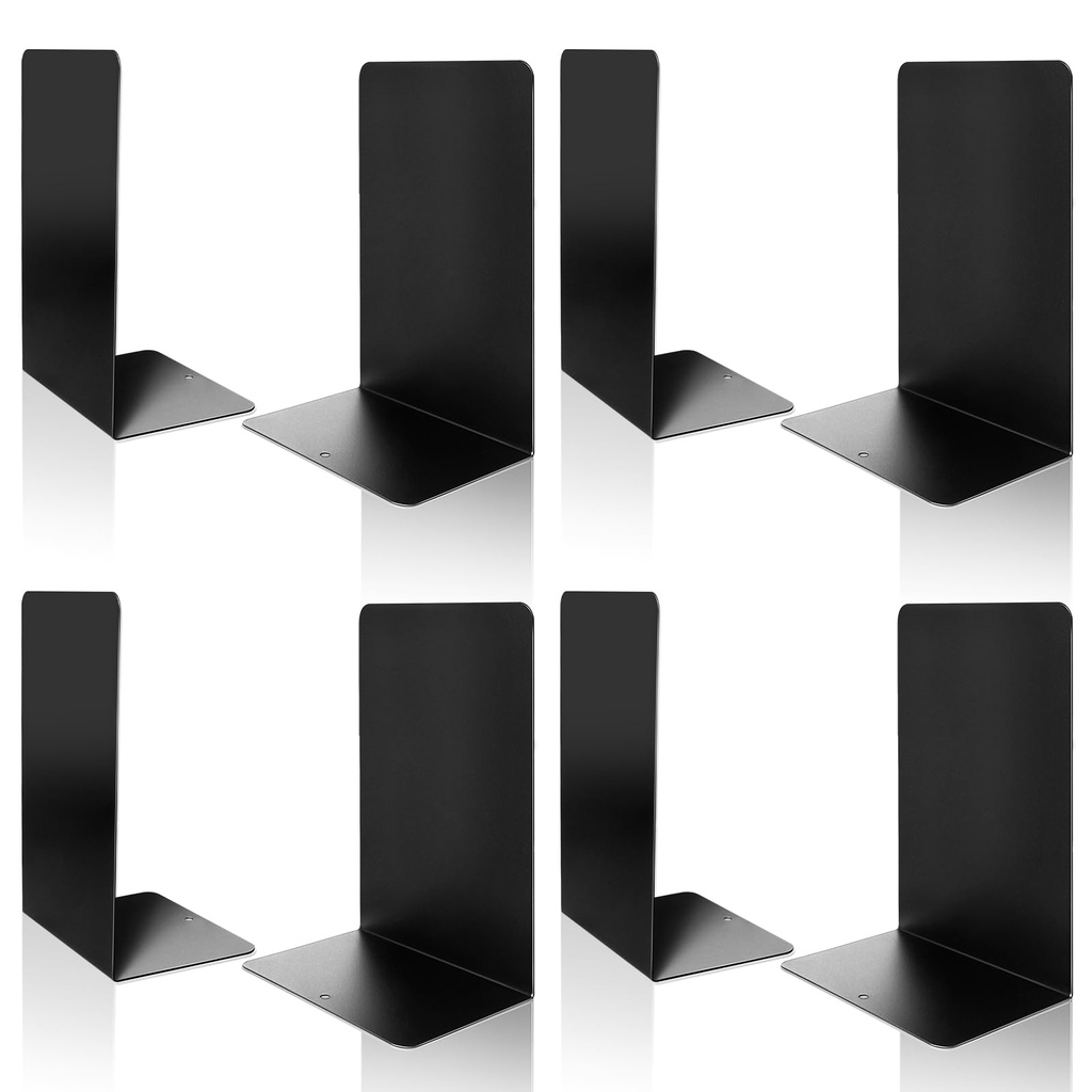 VONDERSO Metal Bookends, 4 Pairs Black Metal Book ends Heavy Duty for Shelves Decor Home Off