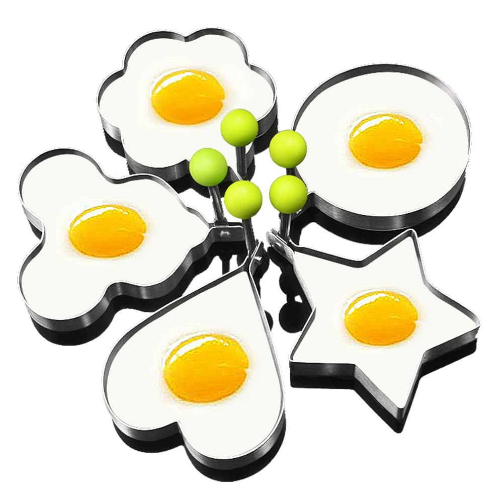 Stainless Steel Egg Cooking Rings - 5 Pack Griddle Set, Heart, Flower, Star, Micha, Round P