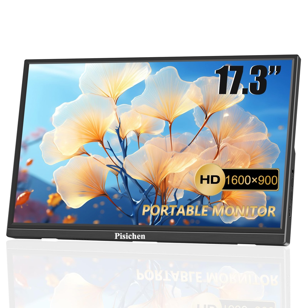 Pisichen 17.3" Portable Monitor, HD 1600x900, USB-C HDMI, Built-in Speakers & Kickstand
