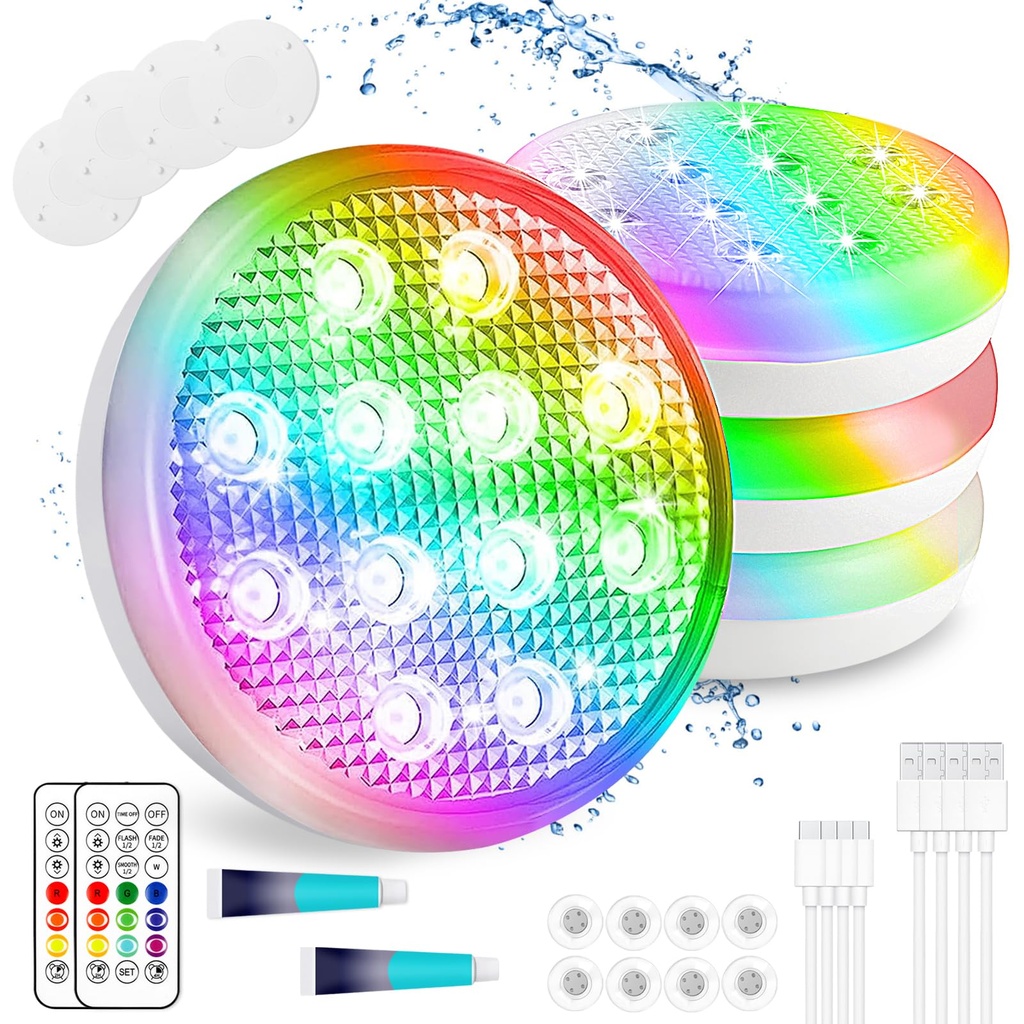 TEPENAR Rechargeable Underwater Pool Light  IP68 Waterproof LED with Remote, 16-Color
