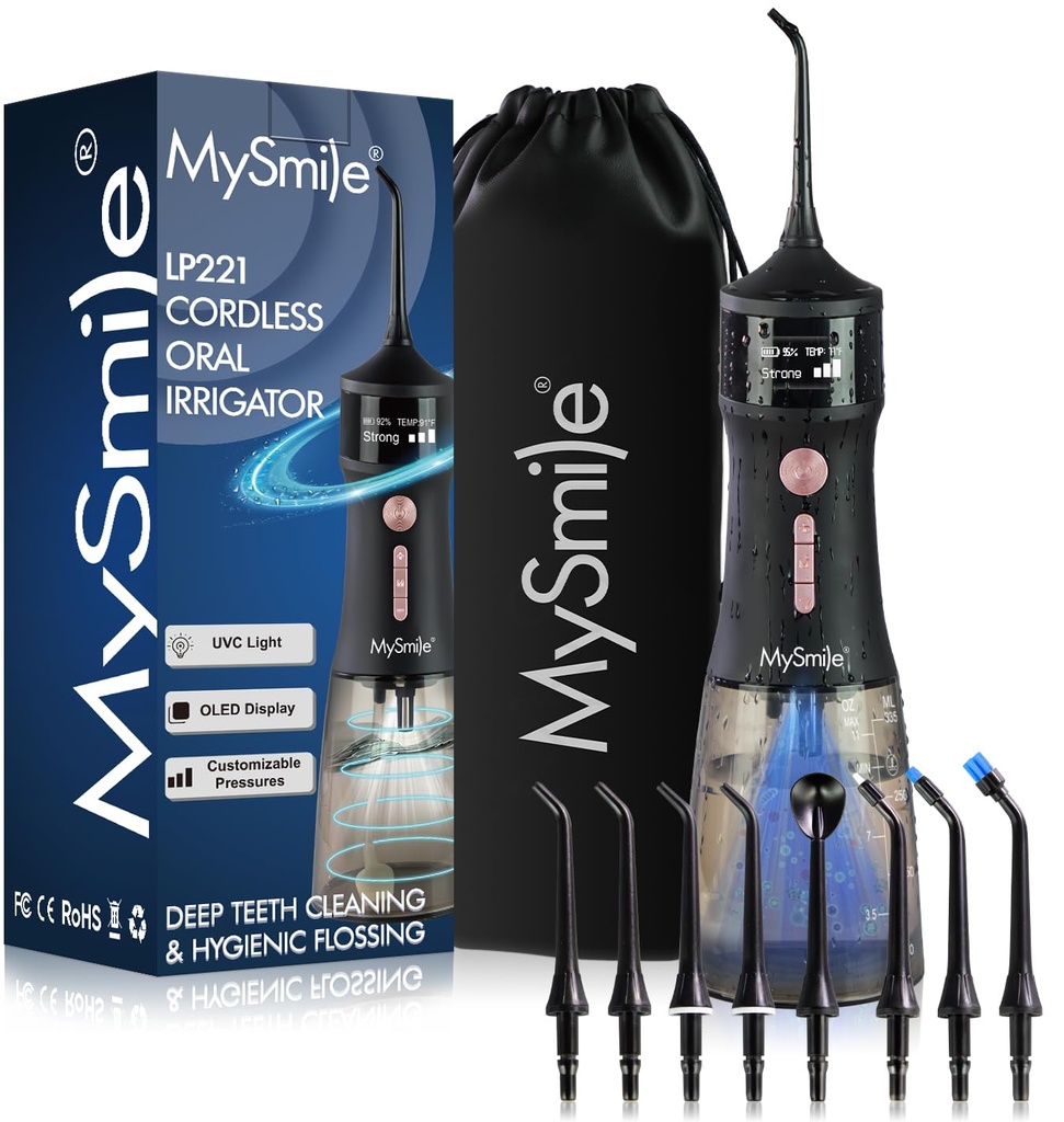 MySmile LP221 UVC Sterilizable Cordless Water Flossers for Teeth 335ML Portable OLED Display
