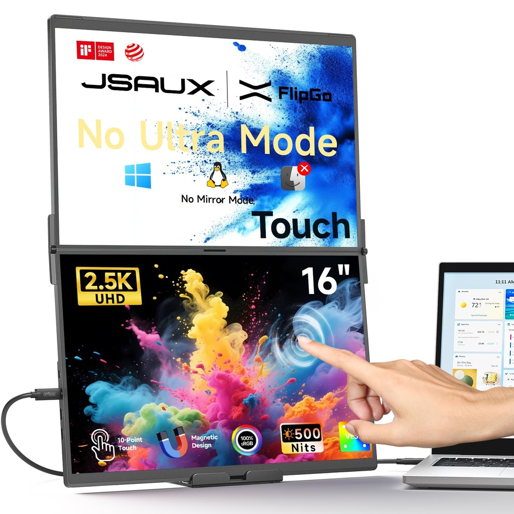 JSAUX FlipGo 16" Dual Portable Touch Monitor, 2.5K Laptop Screen Extender, Extendable 