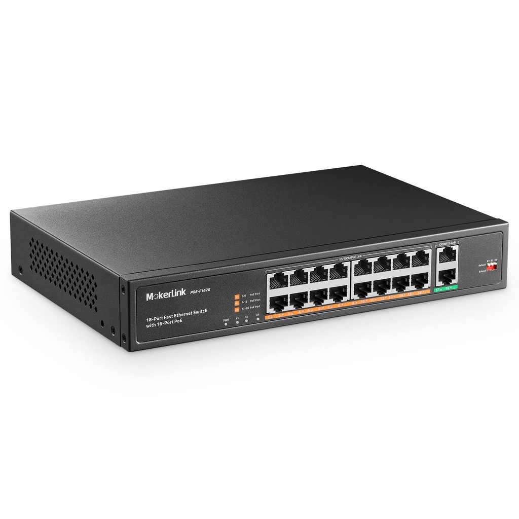 MokerLink 18 Port PoE Switch,16 PoE+ Port 100Mbps, 2 Gigabit Uplink, 250W High Power, Support