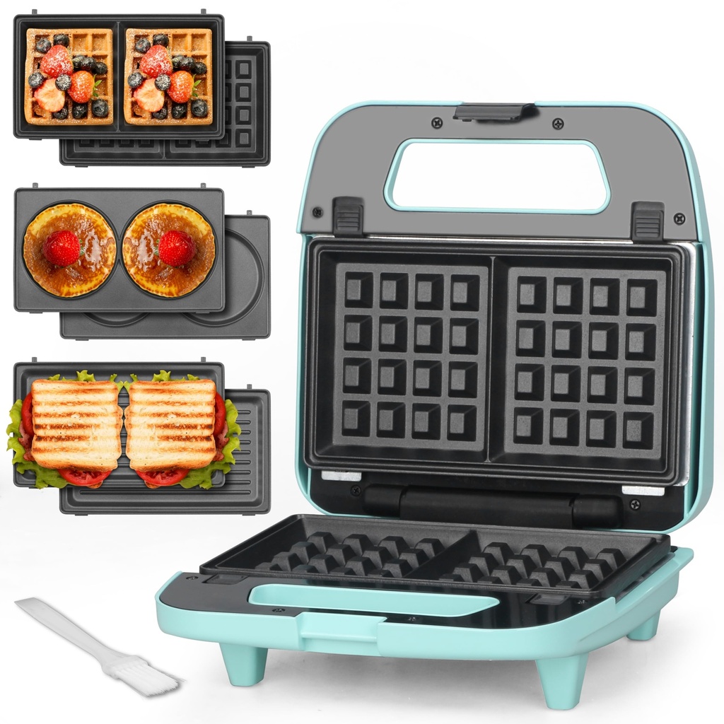 Baker's Friend 3 in 1 Waffle Machine, Square Waffle Iron with Removable Plates, Pancake 