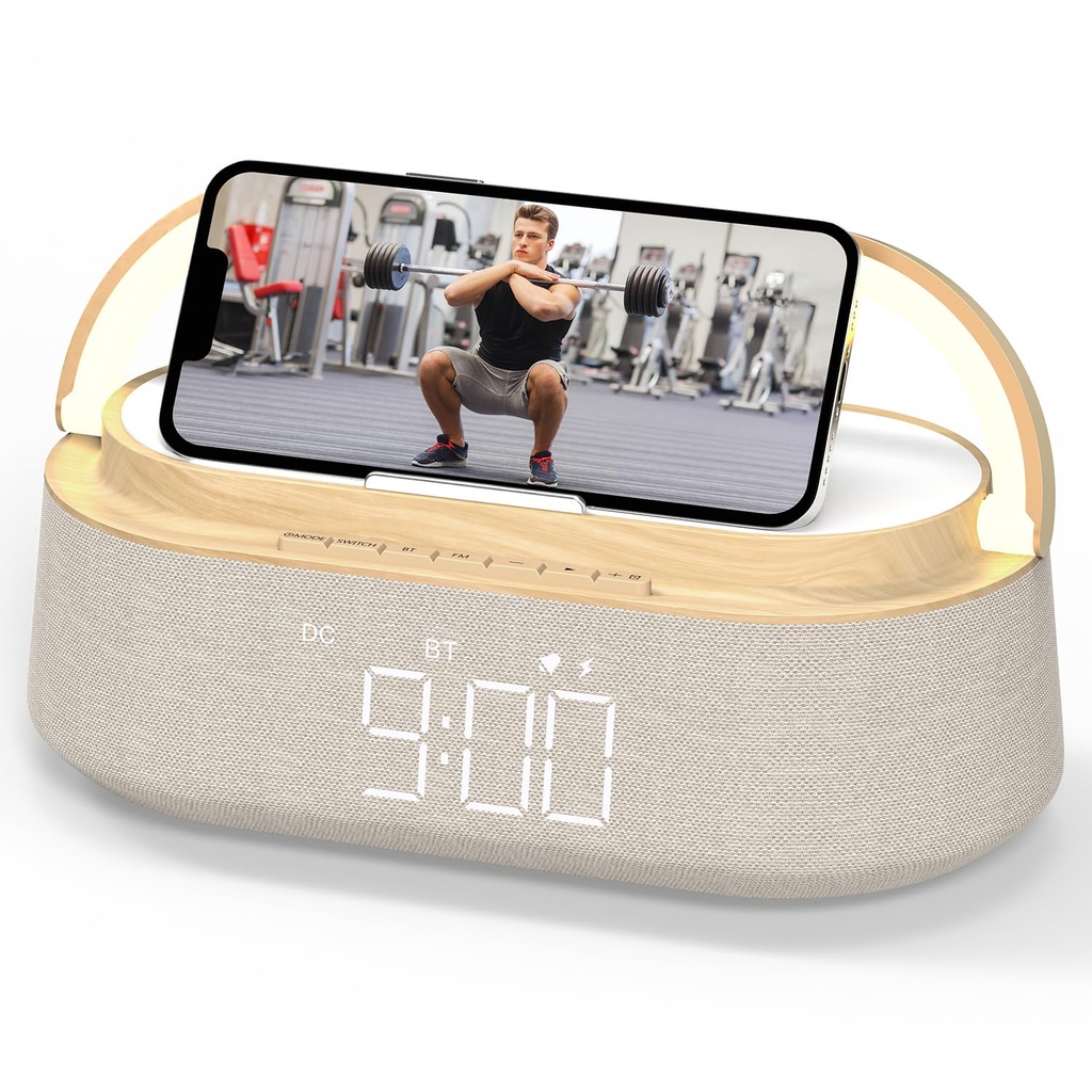 FREEFISH Bluetooth Speaker with Wireless Charger, FM Radio, Adjustable LED Night Light, 15W