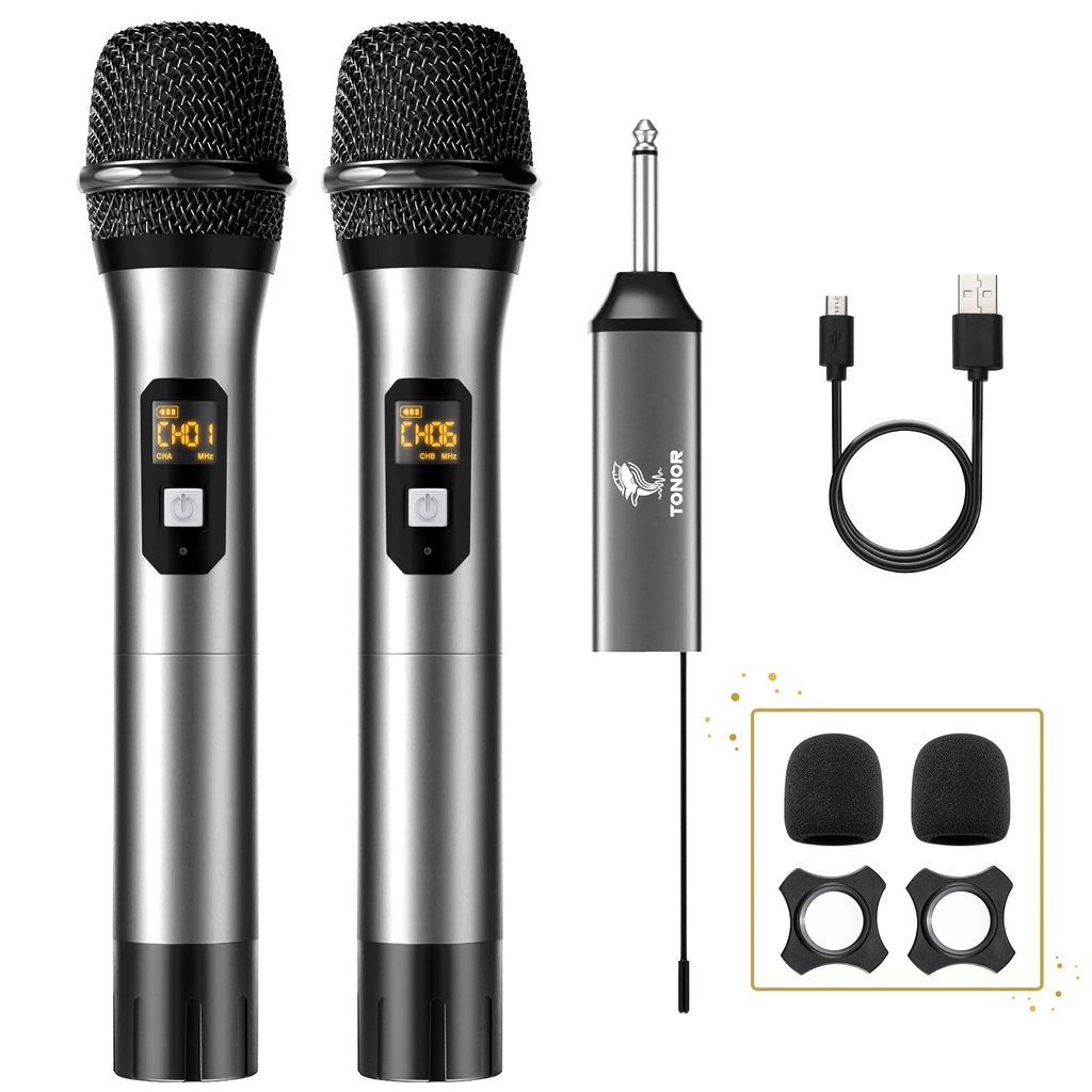 TONOR TW630 Wireless Microphone, UHF Dual Cordless Metal Dynamic Mic System with Rechargeable