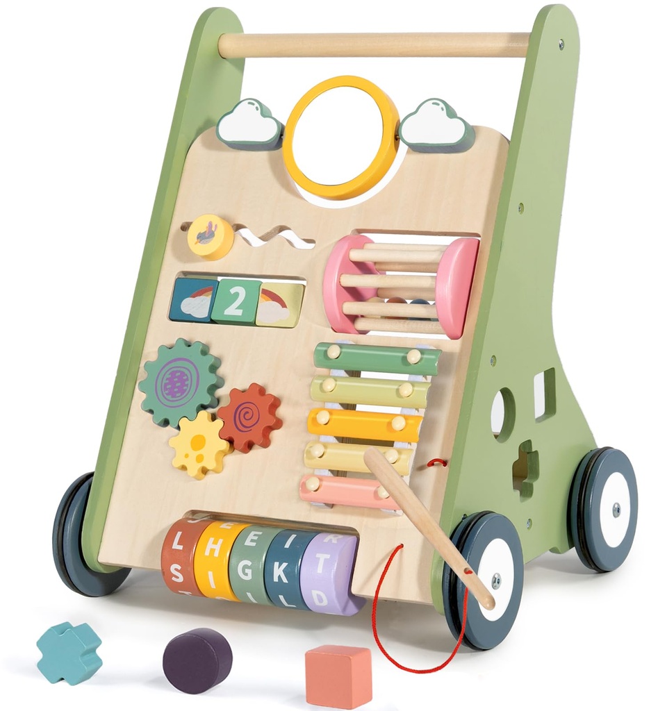 LOL-FUN Wooden Baby Walker 1 2 Year Old Boys Girls, Toddler Push Along Walkers Toy, Learnin