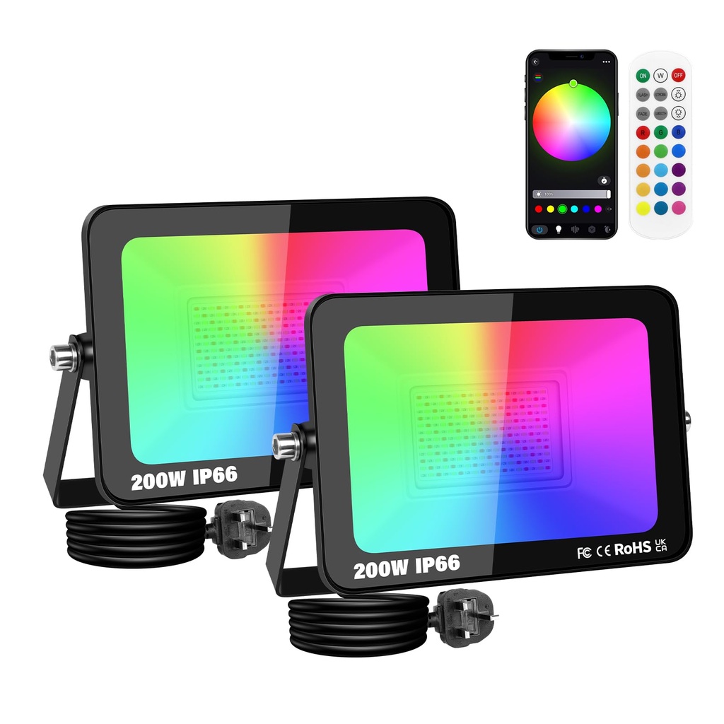 SKYWORLD 2 Pcs 200W RGB Led Floodlight, Smart RGB Colour Changing Flood Lights with APP Rem