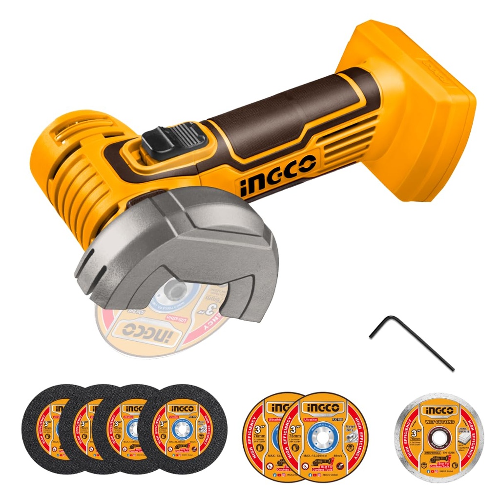 INGCO 20V Mini Cordless Angle Grinder (Body Only) 19500RPM, 76mm Disc Diameter, Mini Cutter