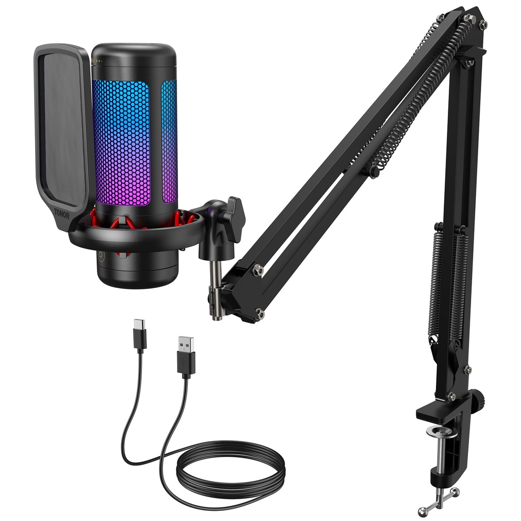 TONOR Gaming USB Microphone with Adjustable RGB Modes & Brightness, Condenser PC Mic 