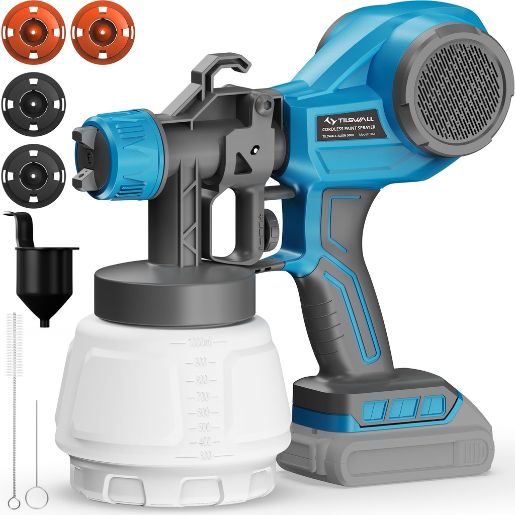 Tilswall Cordless Paint Sprayer Compatible with DeWalt 20V Battery, 100 Din/s, 0.7kg Ultra