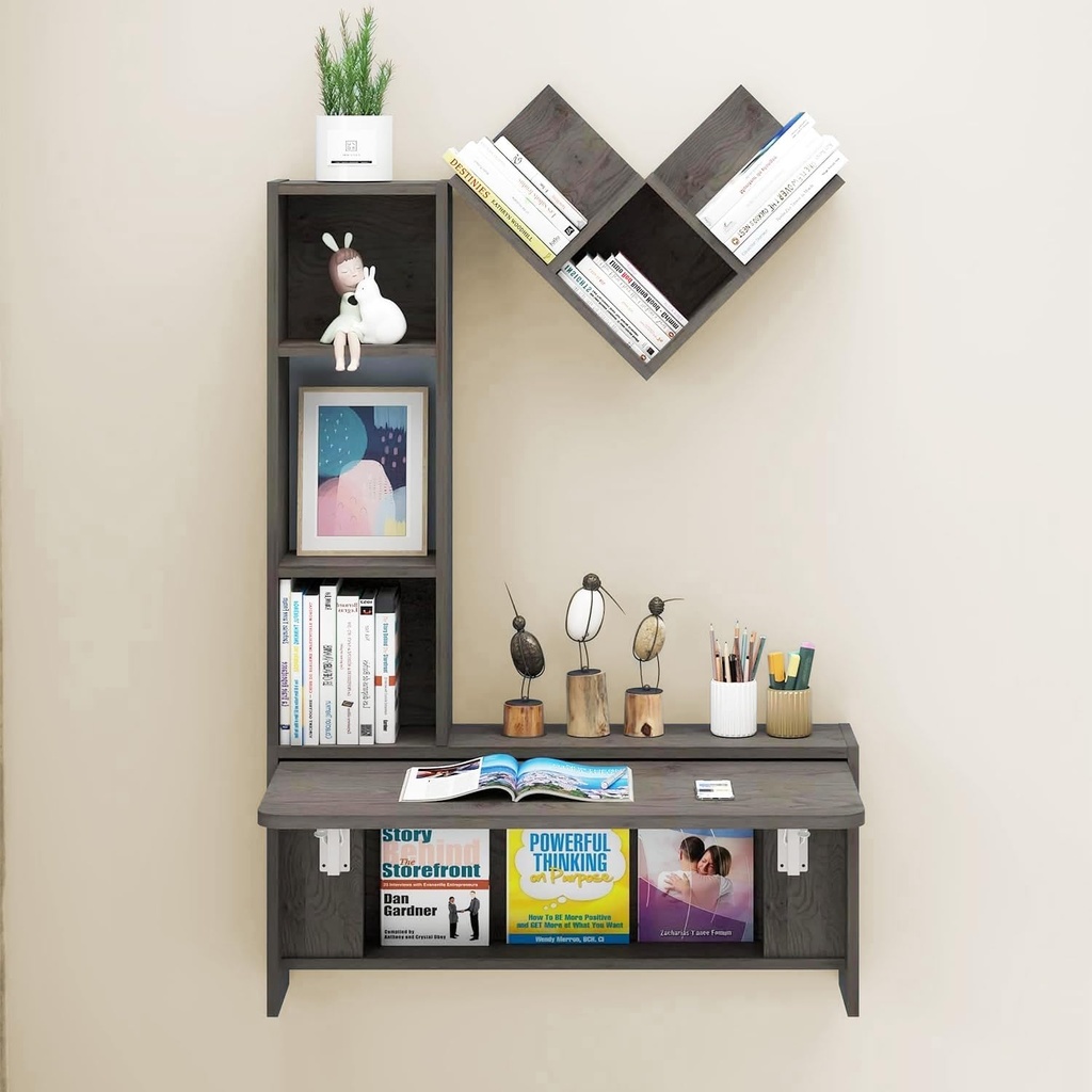 Pmnianhua Folding Wall Mounted Drop Leaf Table, Foldable Desk with Moveable Cabinets Rustic Brown