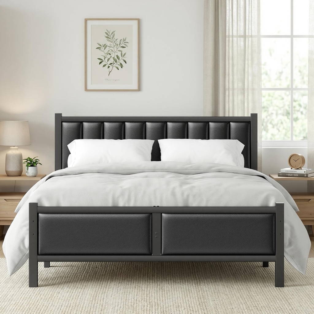 Frost IX Double Bed Frame with Upholstered Headboard, 4ft6 Metal Beds with Heavy Duty Steel