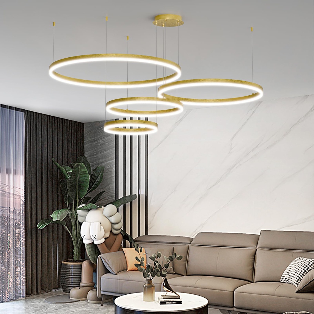 Mikeru 4 Ring Round Pendant Light, 40+60+80+100cm Gold Hanging Pendant Light Dimmable 10% 