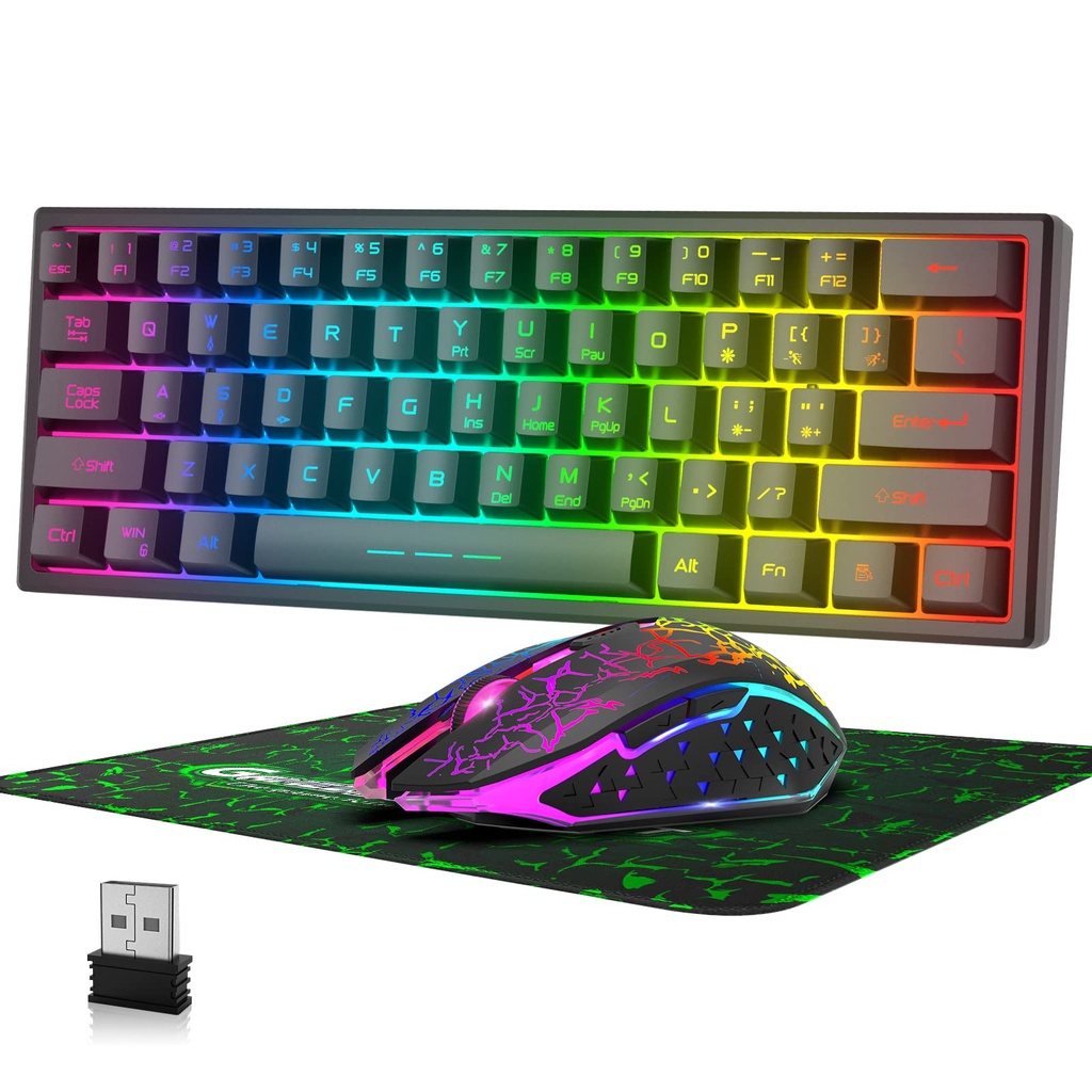 60% Wireless Gaming Keyboard and Mouse Combo Set 2.4GHz Rechargeable 3800mAh Quiet 61 Keys