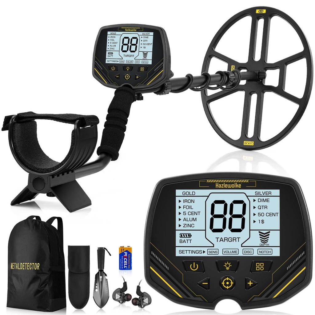 Hazlewolke Professional Metal Detector with 14'' Large Double-D Waterproof Search Coil,4 Mo